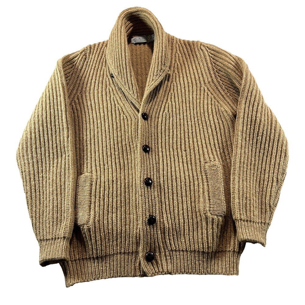 Ian MacEwan Cardigan Men M / 40EU Tan Shawl Collar Ribbed Shetland Wool Scotland